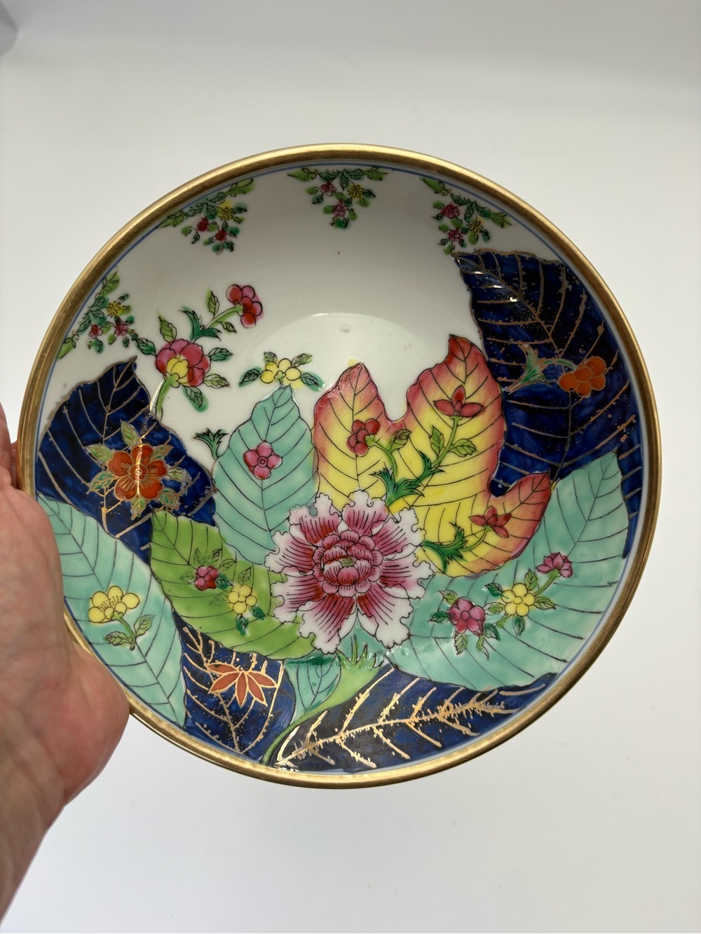 Gorgeous Vintage Hand-Painted Tobacco Leaf Bowl with Brass Back